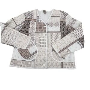 Como Vintage Patchwork Kimono Quilt Jacket Large Beige Brown White Boho Cottage